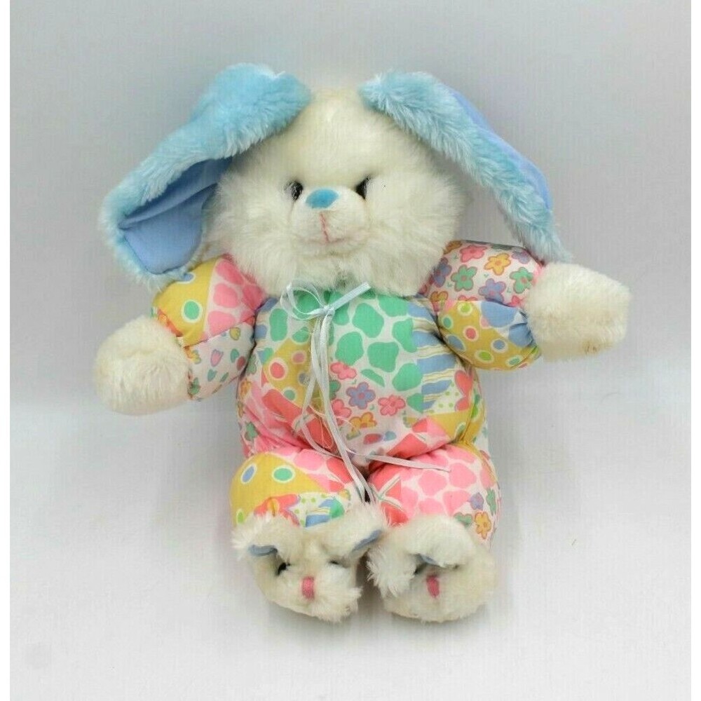 Vintage Cuddle Wit Bunny Rabbit Plush Pastel White Pajamas Slippers 15" Fuzzy